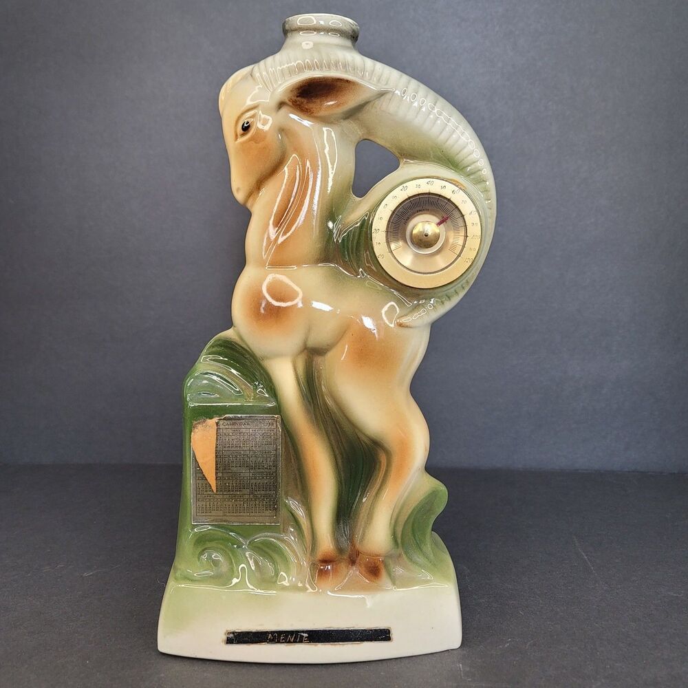 VTG 1958 Jim Beam Ram Decanter Ceramic Regal China Thermometer Calendar Empty
